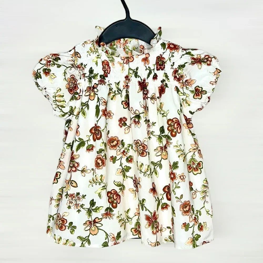 JANIE and JACK Floral Smocked Bubble Sleeve Top Blouse Cotton Floral Print 8